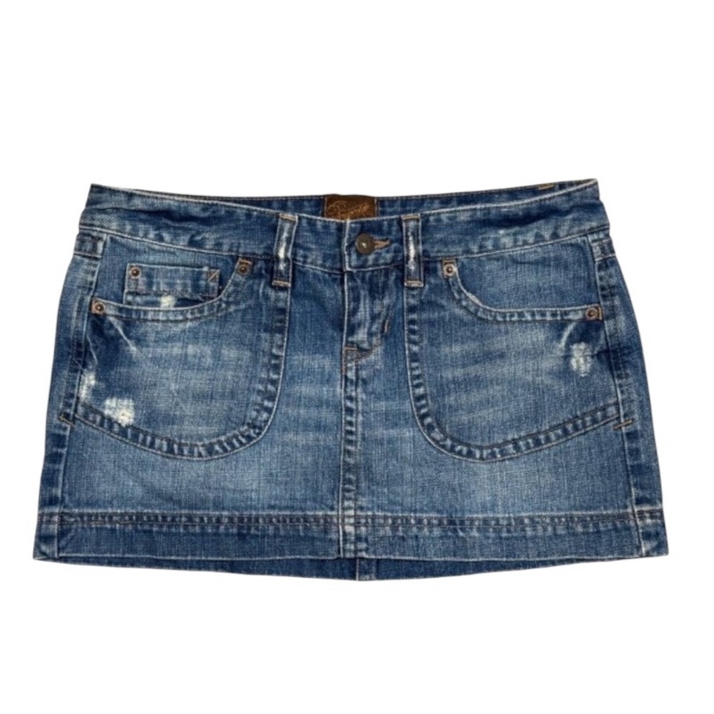 Y2K Aeropostale Distressed Denim Mini Skirt Size 3/4 Blue Cotton Jean Skirt Low